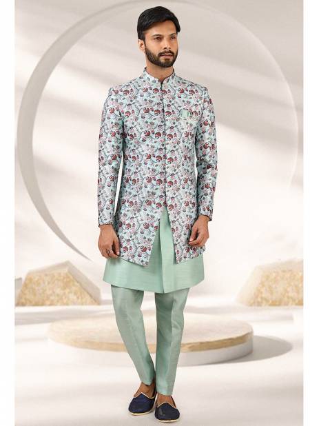 Pista Green Festive Wear Banarasi Silk Digital Print Kurta Pajama With Jacket Mens Collection 1406